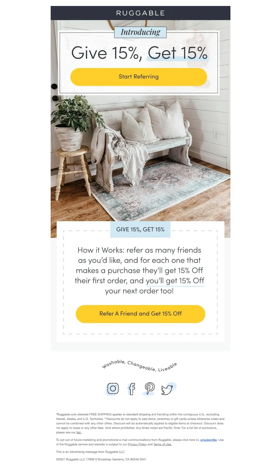 Refferral email example from Ruggable