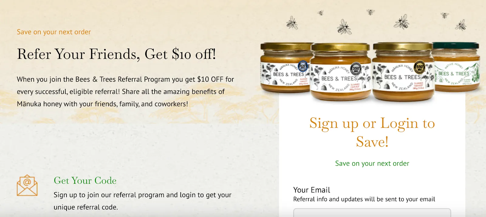 A referral program page of Bees & Trees