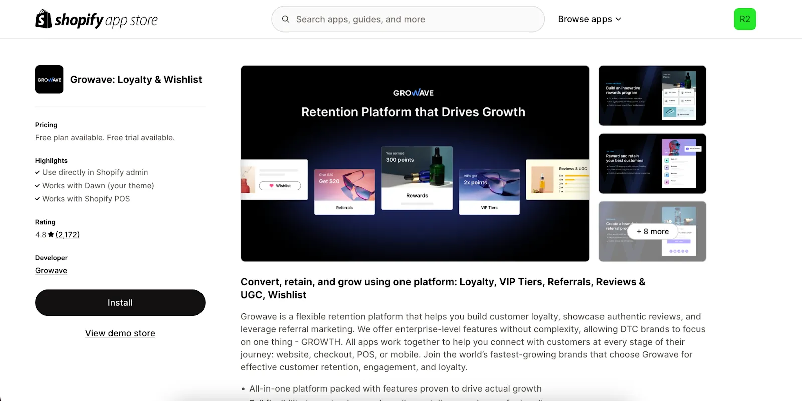 Growave Shopify app store page