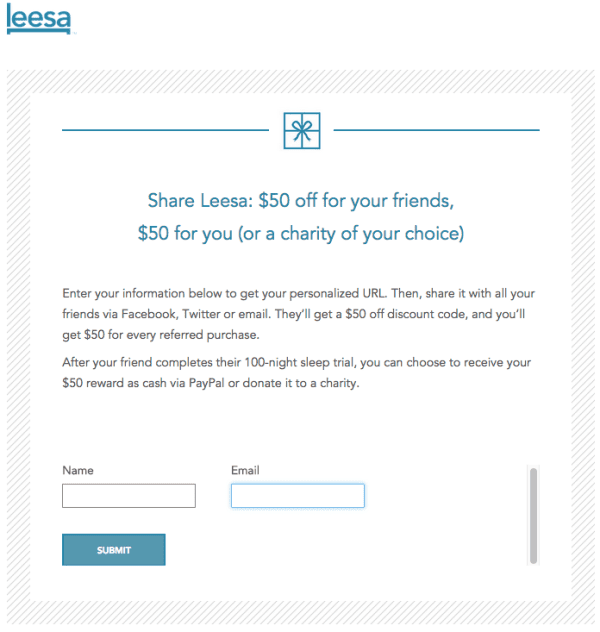 referral program templates - leesa referral signup page sample incentives referralcandy